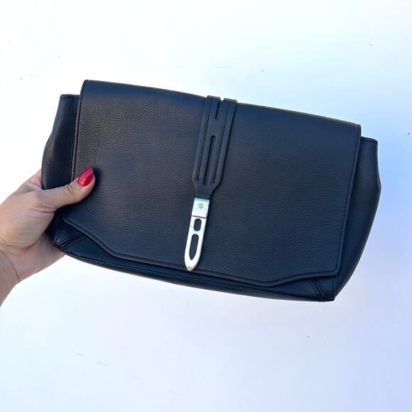 Rag & Bone Enfield Soft Leather Flap Top Purse Clutch Black Silver Bag - Picture 1 of 8